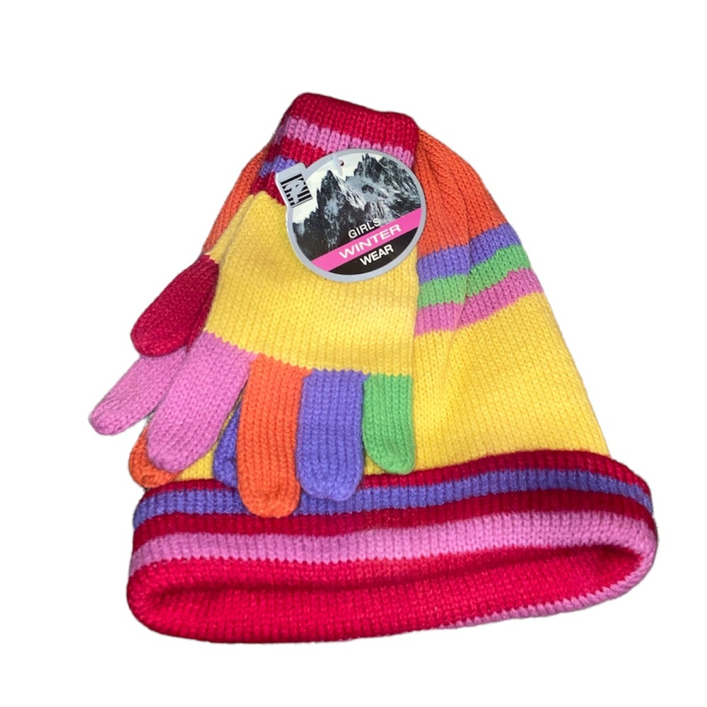Children’s rainbow striped hat and glove set